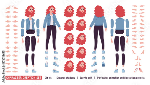 Woman with dyed red hair wearing denim jacket DIY character creation set. Attractive bright female model body figure parts. Head, leg, hand gestures, emotions, construction kit. Vector illustration