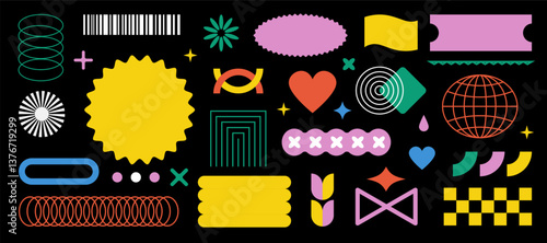 Playful geometric design set. Bright abstract shapes, retro Memphis style elements, wavy patterns, and funky brutalist graphics. Brutalism vibrant aesthetic