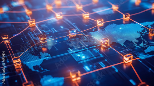 Big Data, Blockchain, hi tech. Information flow, decentralized global database structure. 3D illustration of nanotech cubes in cyberspace