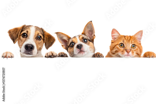 Dogs and Cats Peeking Over Web Banner Extracted isolated on transparent background-generated by ai