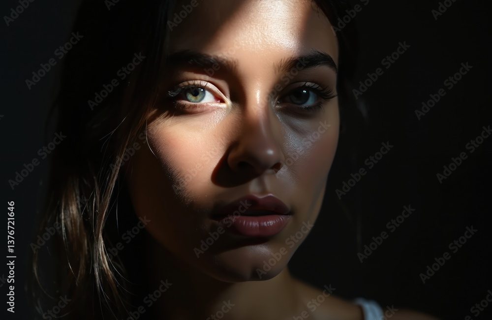 Portrait young woman in studio. Face partly lit, with shadows. Model with dark hair, perfect skin, natural makeup. Beautiful caucasian female with bright eyes. Beauty, fashion concept. Portrait young woman in studio. Face partly lit, with shadows. Model with dark hair, perfect skin, natural makeup. Beautiful caucasian female with bright eyes. Beauty, fashion concept.