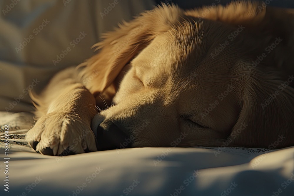 Obraz premium A cozy blanket cradles a sleeping Golden Retriever puppy in this intimate, close-up portrait