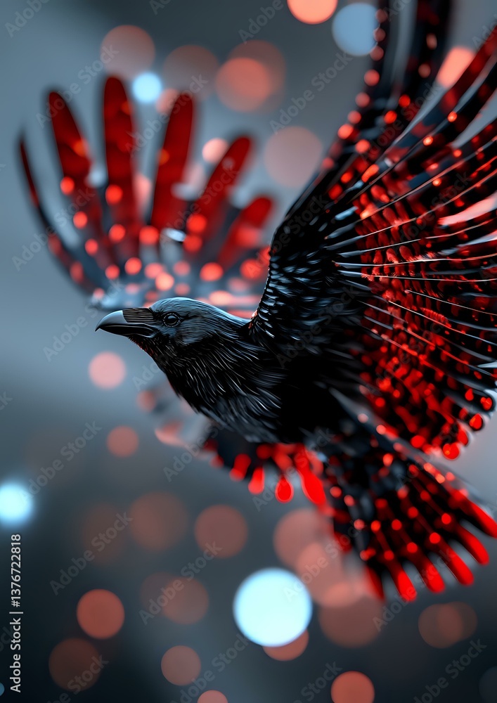 Fototapeta premium Mystical black raven with glowing red wings spreads feathers against dark background with bokeh lights creating dramatic atmospheric effect.