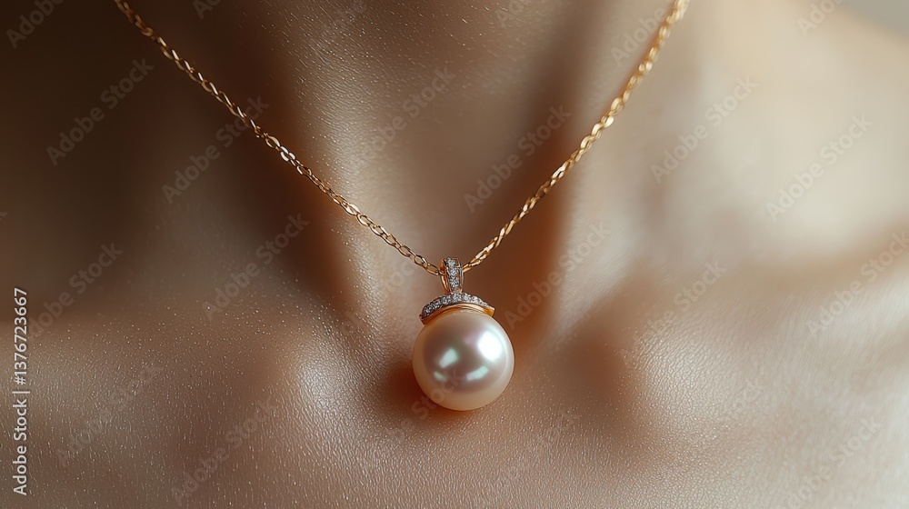 Delicate pearl pendant glimmers on yellow gold chain against smooth collarbone Delicate pearl pendant glimmers on yellow gold chain against smooth collarbone