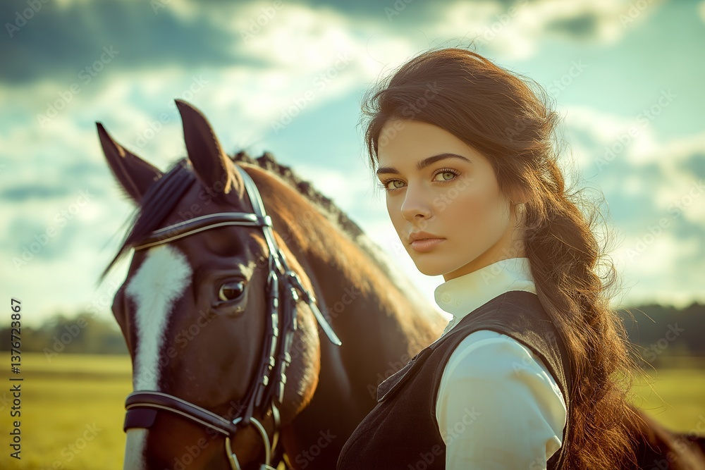 Obraz premium Young caucasian woman with horse in serene countryside