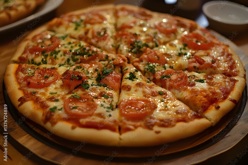Fresh Margherita pizza with melted mozzarella, sliced tomatoes and chopped herbs on golden crust, served on wooden board in warm lighting. Restaurant menu photo. Fresh Margherita pizza with melted mozzarella, sliced tomatoes and chopped herbs on golden crust, served on wooden board in warm lighting. Restaurant menu photo.