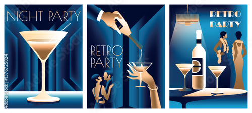 Set of 3 retro party invitation cards. Couple at a party in the style of the early 20th century. Pretty girls and bottle of wine and wineglasses. Handmade drawing vector illustration. Art Deco style.