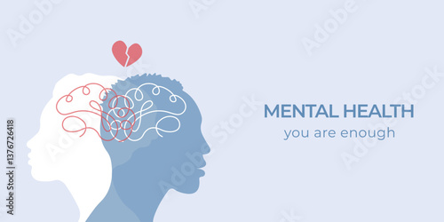 Mental Health banner.Concept of psychotherapy.Mental health problems and emotional burnout. Vector illustration.