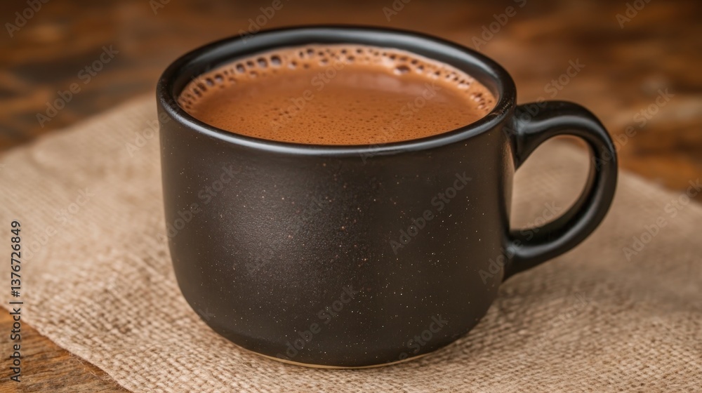 Fototapeta premium Rich dairy-free hot chocolate in a black ceramic cup on a minimal backdrop
