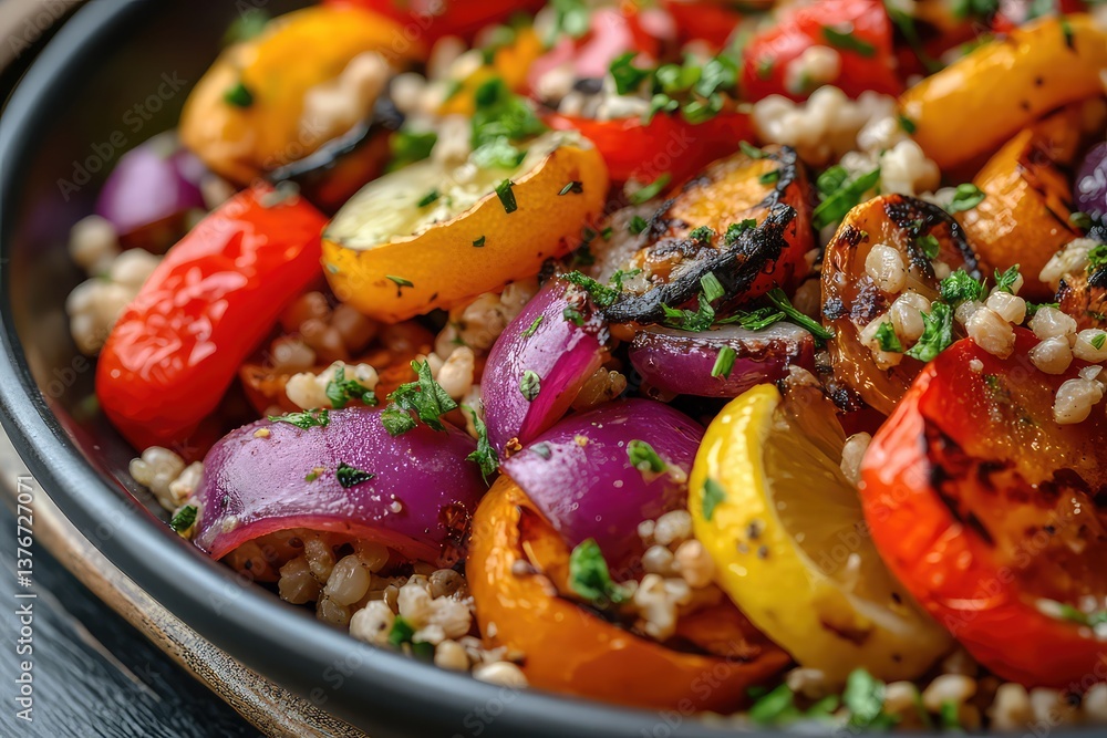 a colorful grain salad with roasted vegetables and a lemon vinaigrette a colorful grain salad with roasted vegetables and a lemon vinaigrette
