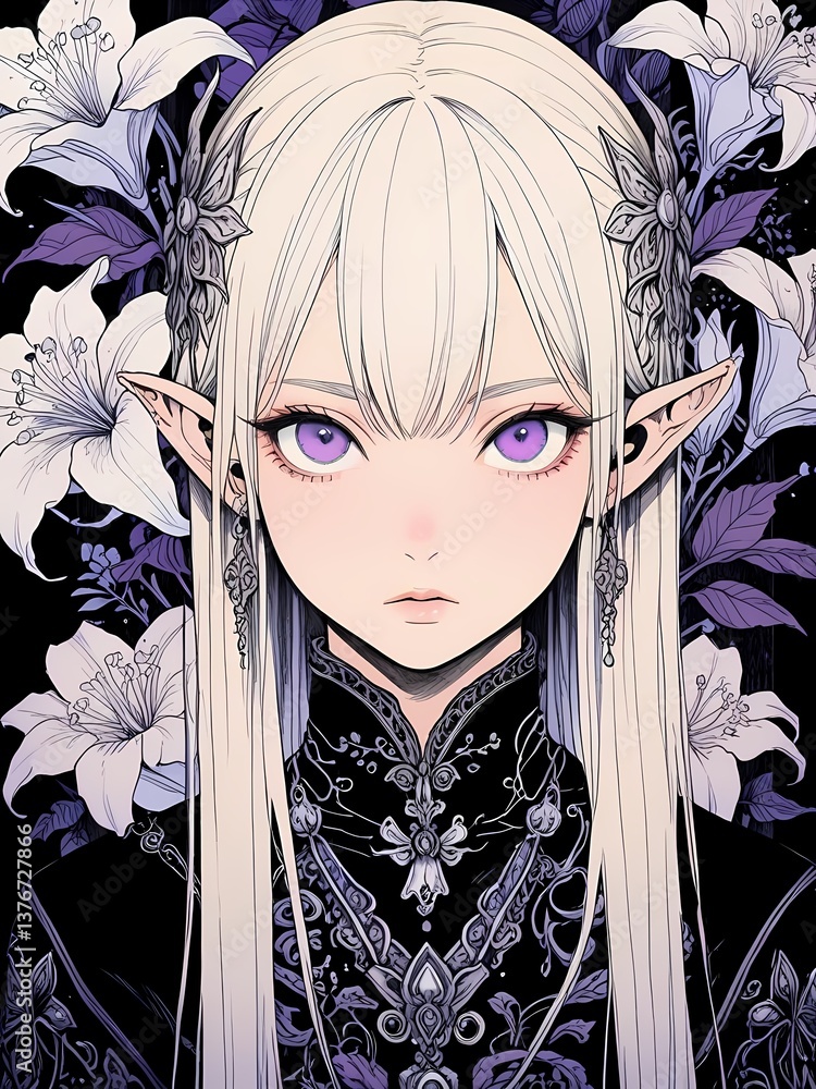 Fototapeta premium A stunning digital illustration of a white-haired elf princess with violet eyes, wearing a floral crown and ornate black attire, surrounded by purple flowers. 