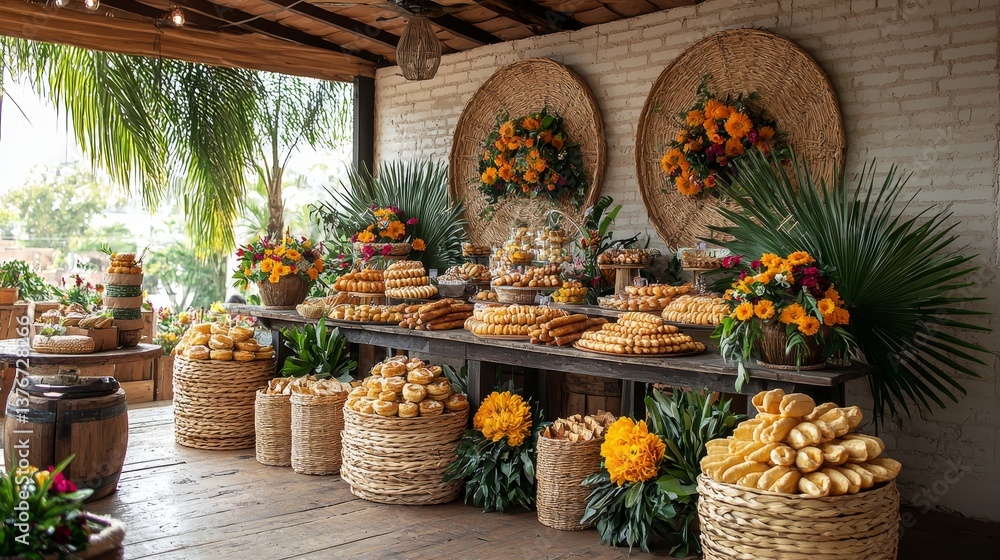 Fototapeta premium An elaborate display of assorted baked goods elegantly arranged on a wooden table, surrounded by vibrant floral decorations and greenery.