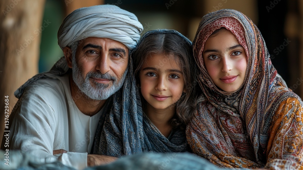 A heartwarming moment showcasing a three generations family portrait with an elder man and two young girls dressed in traditional attire A heartwarming moment showcasing a three generations family portrait with an elder man and two young girls dressed in traditional attire