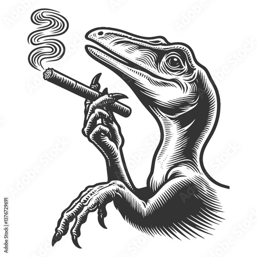 Funny and surreal black and white engraving of a velociraptor holding a lit cigar with rising smoke in one claw sketch engraving generative ai vector illustration. Scratch board. Black and white image