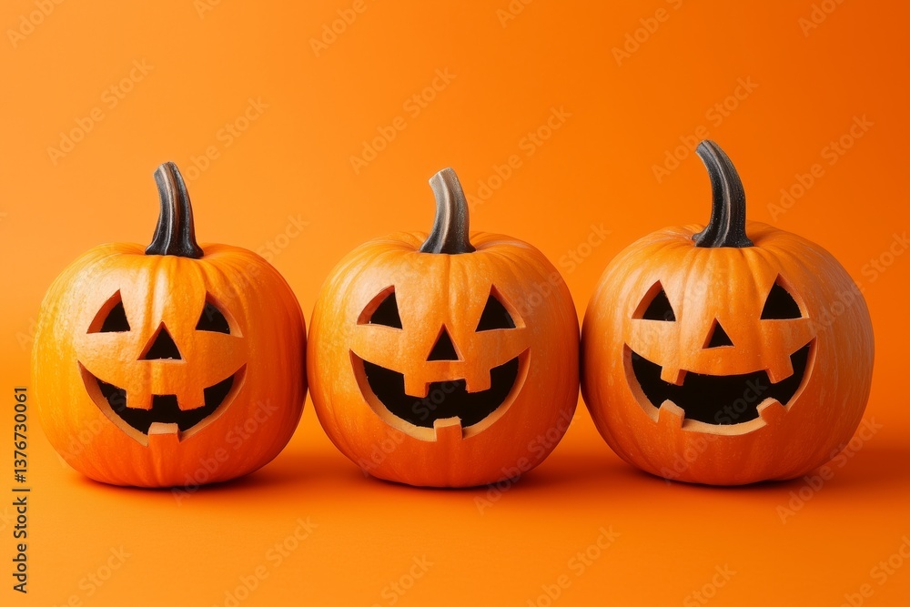 Colorful Halloween pumpkins with carved faces on bright orange background Colorful Halloween pumpkins with carved faces on bright orange background