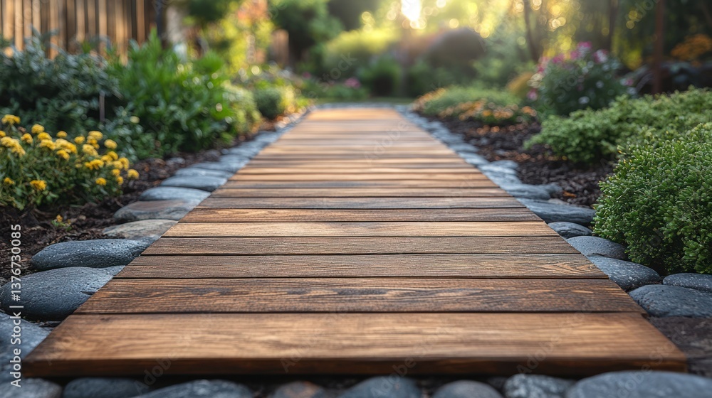 Wooden walkway in a garden Wooden walkway in a garden