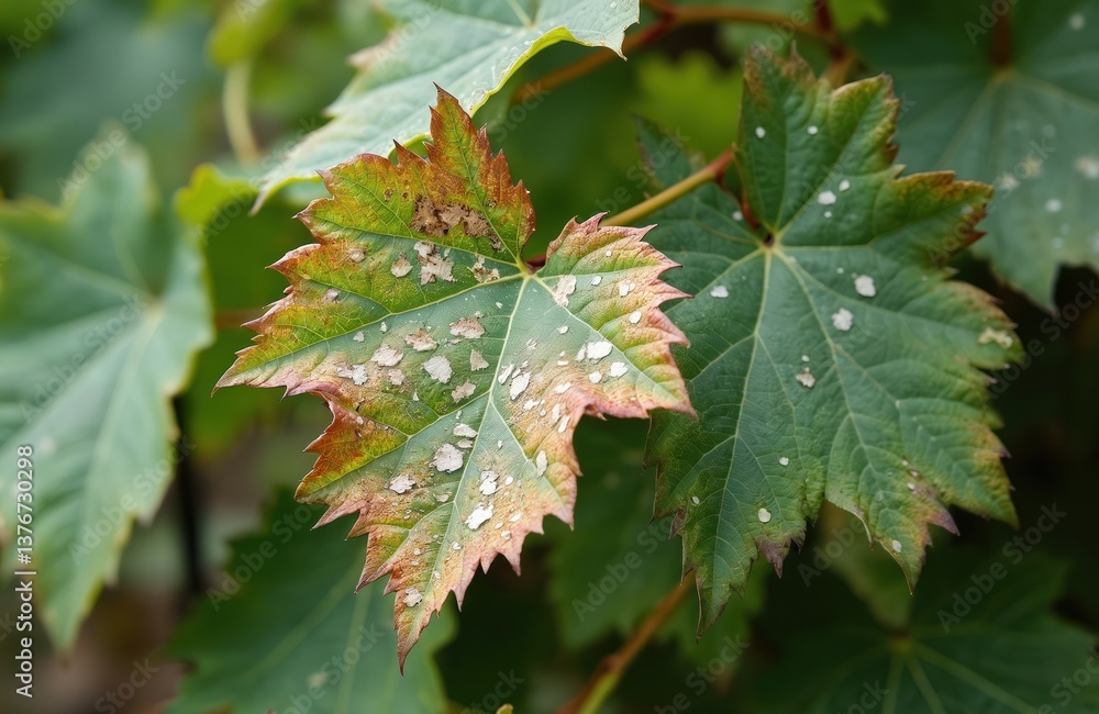 Grape leaves infected with powdery mildew disease. White, brown spots on foliage. Blight, spore damage, common in vinery. Symptoms of fungal infection. Agriculture, farming pest control concept. Grape leaves infected with powdery mildew disease. White, brown spots on foliage. Blight, spore damage, common in vinery. Symptoms of fungal infection. Agriculture, farming pest control concept.