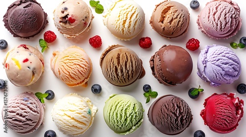 Ice Cream Set, various ice cream scoops isolated on white background, top view, copy space. Frozen yogurt or ice cream balls assortment - healthy summer dessert.