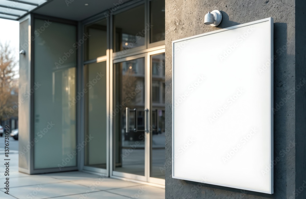 Modern blank white business signage mock up on building exterior. Empty advertising frame display for shop, cafe, office. Corporate branding design with copy space for text logotype. City street Modern blank white business signage mock up on building exterior. Empty advertising frame display for shop, cafe, office. Corporate branding design with copy space for text logotype. City street