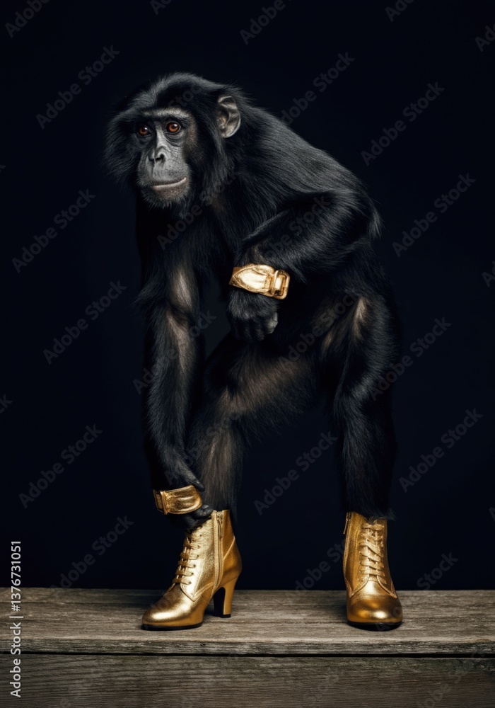 Fototapeta premium Monkey wearing golden high-heeled shoes and bracelets stands confidently on stage