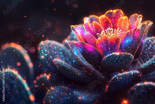 Glowing cosmic flower with vibrant colors and sparkling petals in dark background