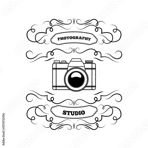 vintage photo studio labels and emblems. Design element for logo, label, emblem, sign, brand mark. Vector illustration.