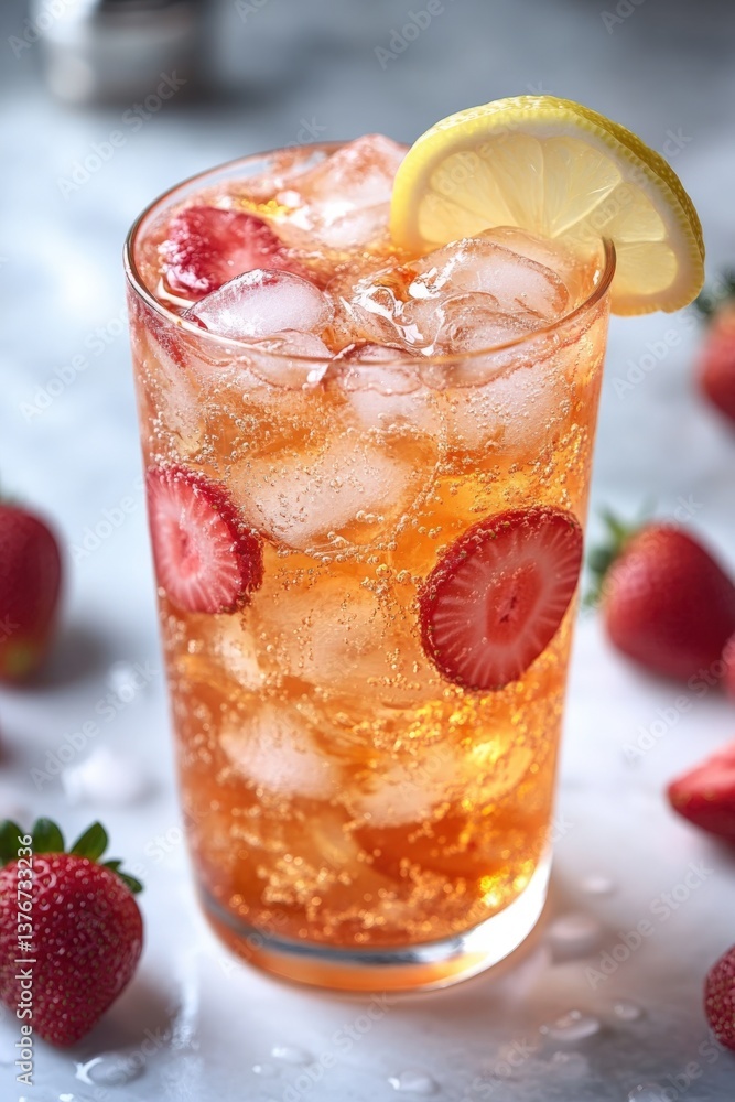Refreshing strawberry lemonade in a tall glass on a white surface for summer enjoyment Refreshing strawberry lemonade in a tall glass on a white surface for summer enjoyment