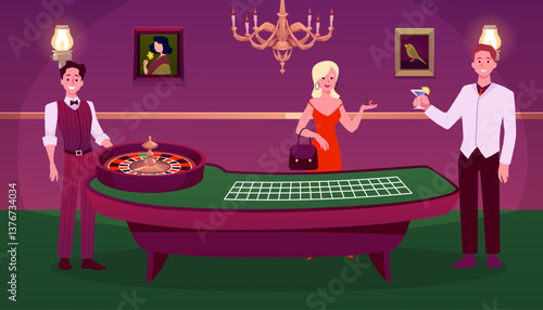 Vector casino interior with poker table, croupier, player and waiter.