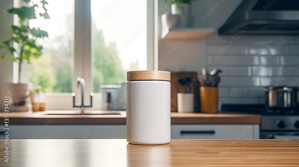 A photo of an empty coffee container in a bright kitchen. A photo of an empty coffee container in a bright kitchen.