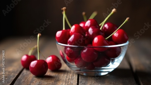 fresh red cherries in glass bowl on wooden table with dark backdrop. summer fruit concept. vibrant color and freshness, seasonal theme. food styling, menu design.