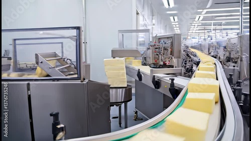 Dairy production: Butter blocks on a conveyor belt in a modern food processing plant