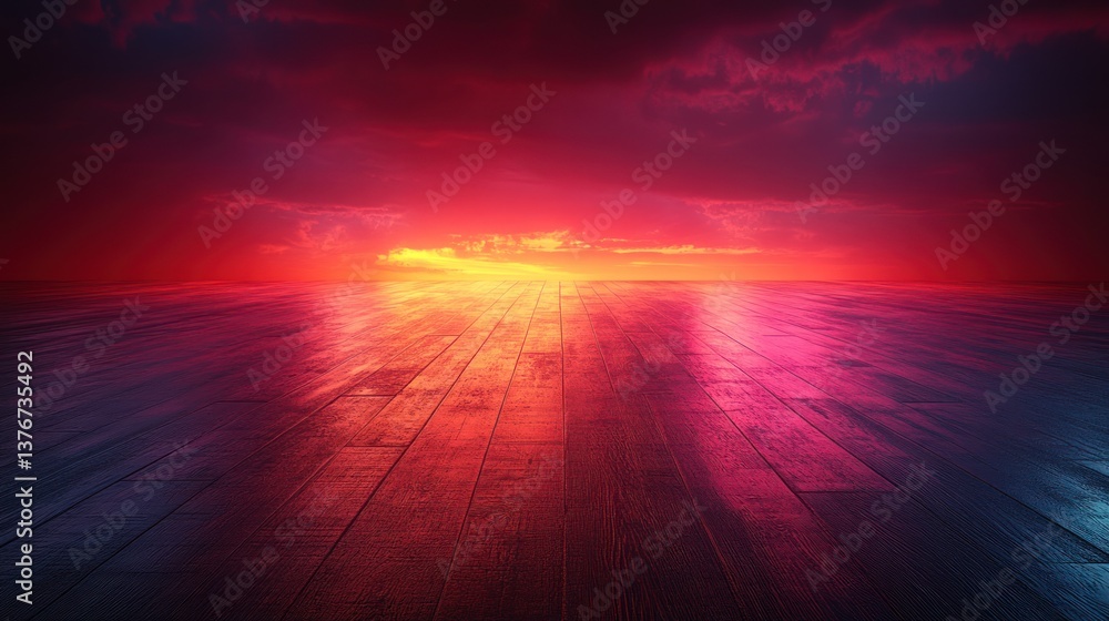 Fototapeta premium Dramatic sunset reflected on a dark wooden floor.