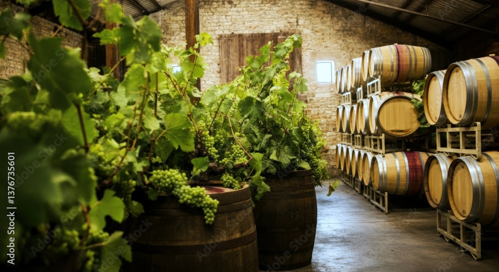 Vines and barrels in a rustic winery showcasing grape harvesting preparations Vines and barrels in a rustic winery showcasing grape harvesting preparations