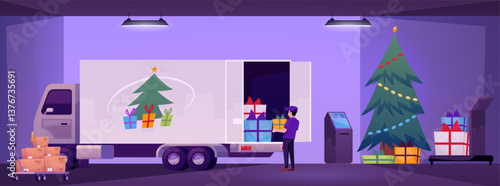 Courier loading festive box packages in delivery truck, vector postal service in New Year holiday season, gift parcels