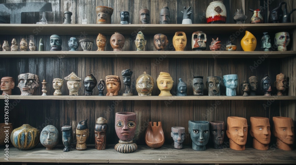 Shelf filled with artistic ceramic heads and busts Shelf filled with artistic ceramic heads and busts