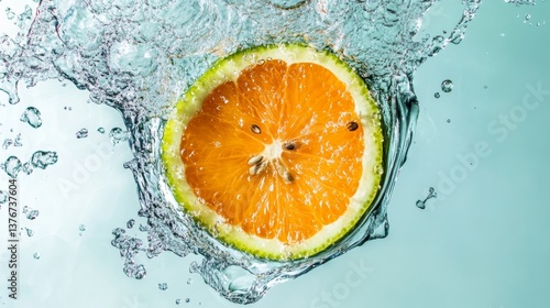 Orange slice splashing into clear blue water