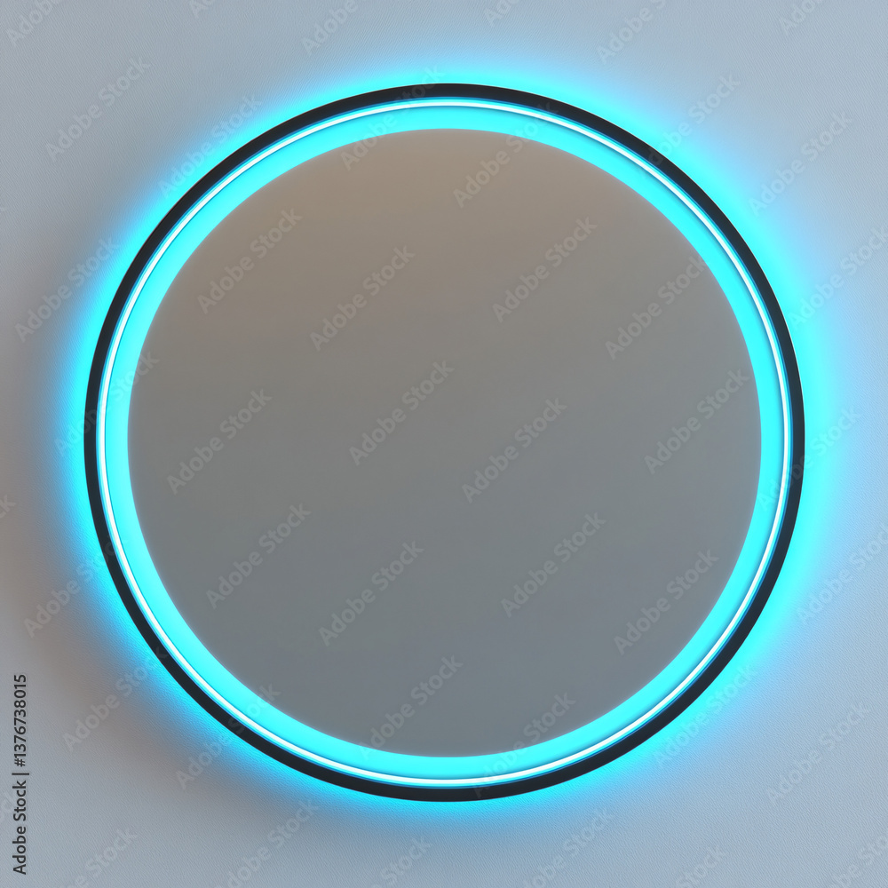 Fototapeta premium Modern Round Mirror with Neon Blue Light for Bathroom or Bedroom Wall Decor
