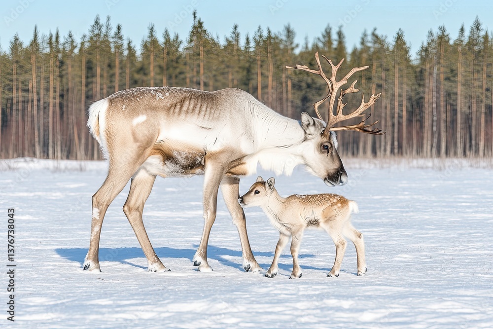 Obraz premium Female reindeer with their young are a common sight during spring