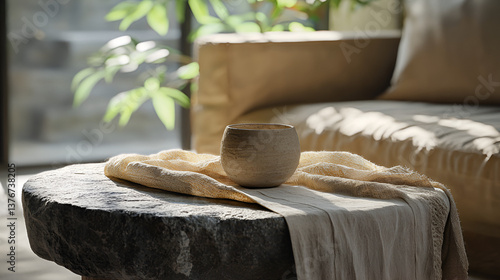 Earthy stoneware cup on a rustic stone table with soft fabric and natural light near a sofa and plant.