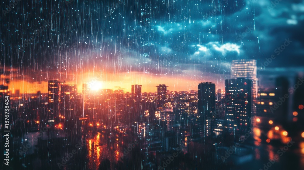 Rain-soaked cityscape at dusk, illuminated by the orange glow of sunset beyond the horizon Rain-soaked cityscape at dusk, illuminated by the orange glow of sunset beyond the horizon