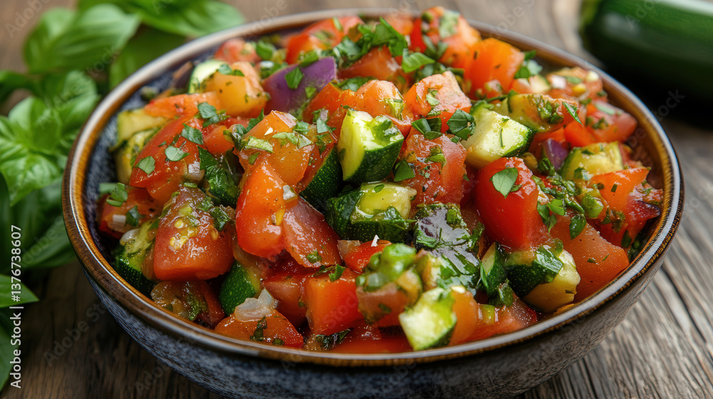 Colorful French ratatouille showcasing vibrant vegetables served on rustic wooden table