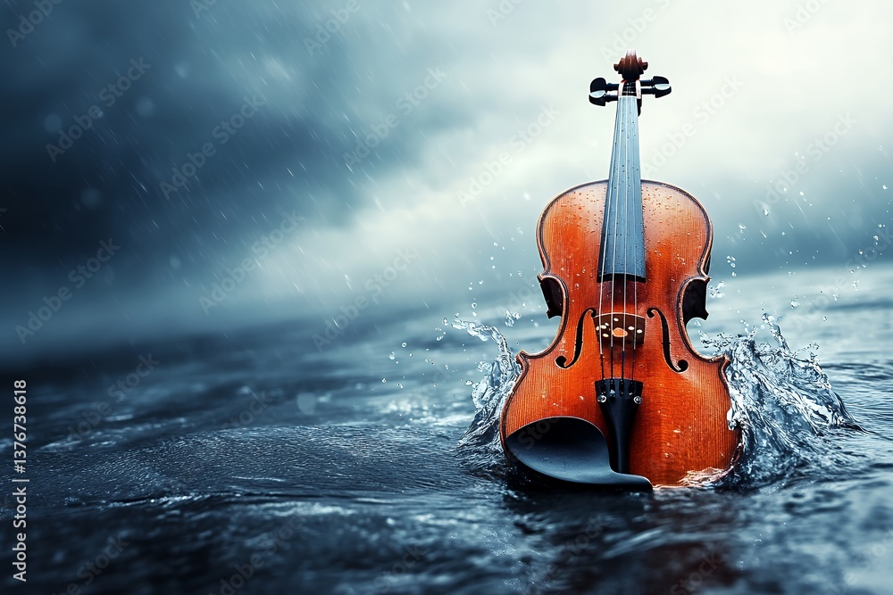 Fototapeta premium Violin in ocean waves: dramatic music concept in stormy sea