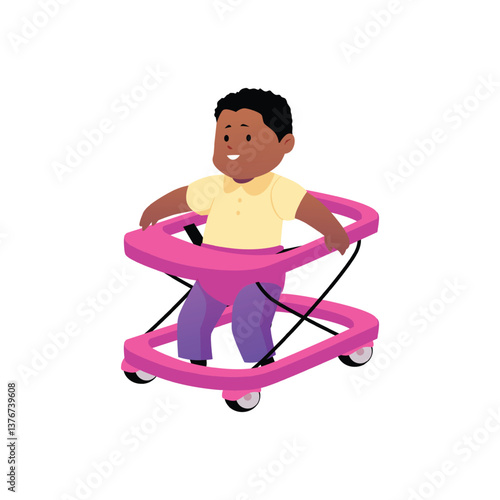 Cute little baby boy walking on baby walker, vector cartoon first year of dark skin child activity, toddler evolution