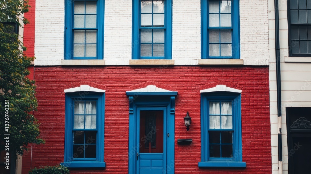 Fototapeta premium Red brick house with blue windows and door.