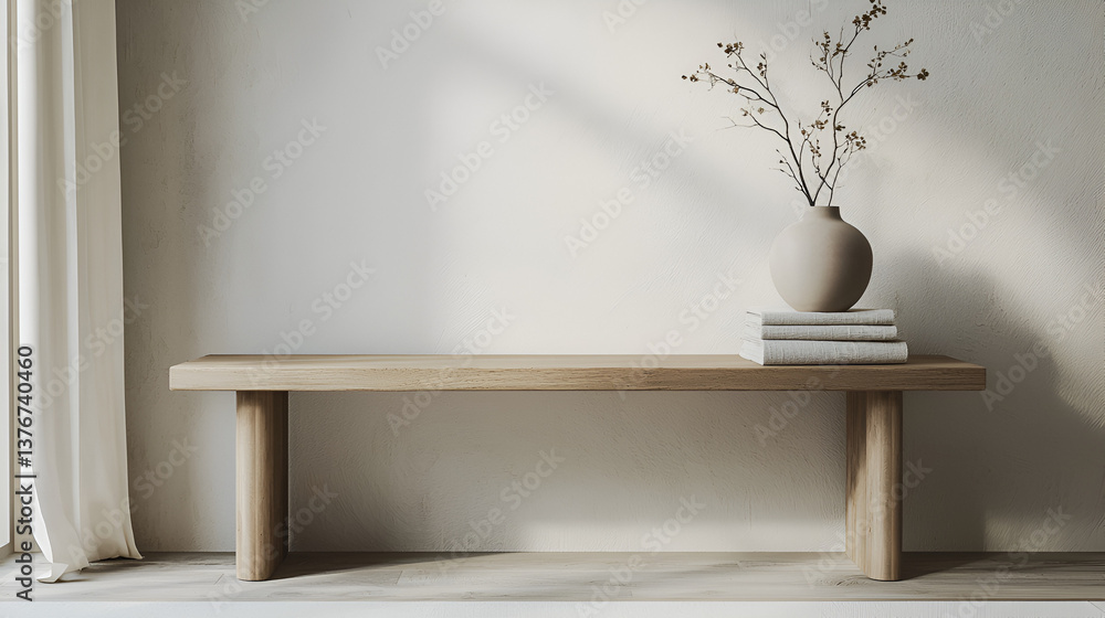 Minimalist scene with a wooden bench, vase, and books against a textured wall backdrop for home decor. Minimalist scene with a wooden bench, vase, and books against a textured wall backdrop for home decor.
