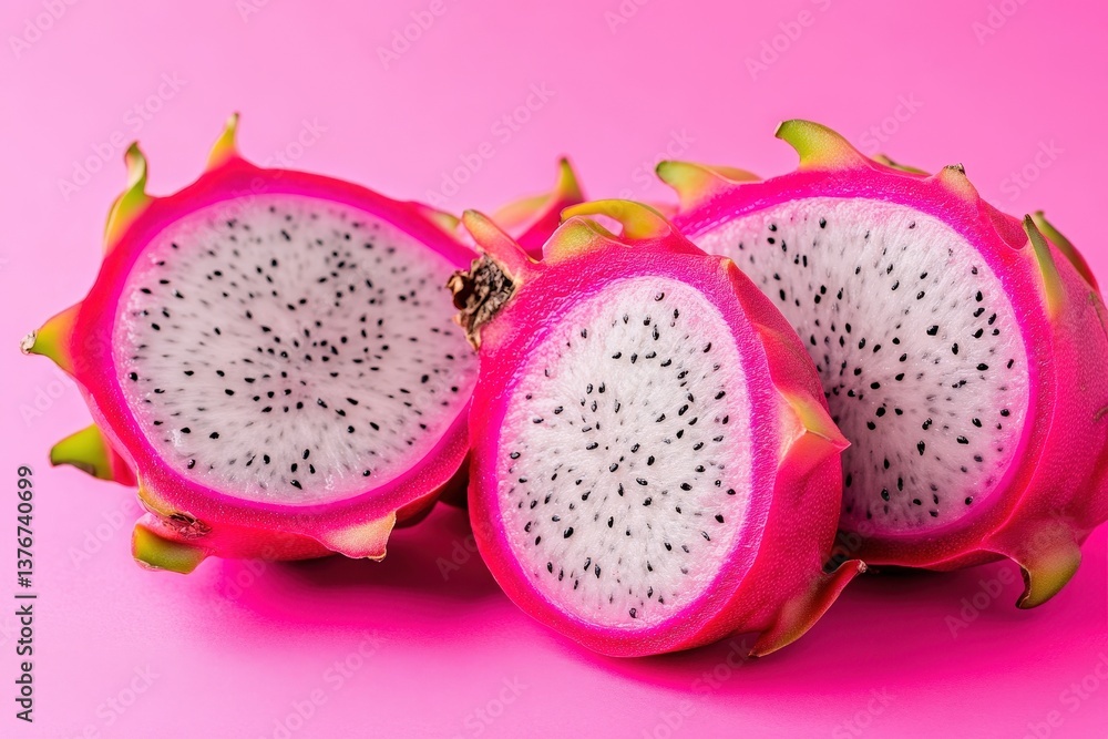 Sliced pitaya fruit halves arranged on a vibrant pink background Sliced pitaya fruit halves arranged on a vibrant pink background