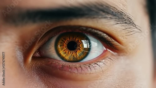 Close-up of a human eye showcasing intricate patterns and vibrant colors, emphasizing detail and texture