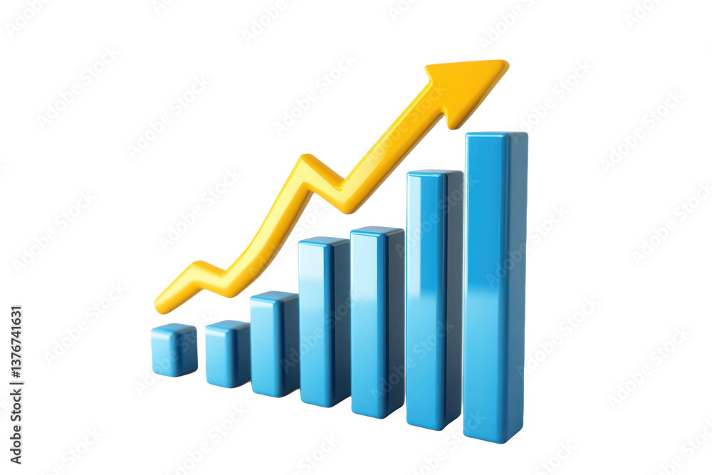 3D graph with ascending blue bars and yellow upward arrow representing business growth and economic progress 3D graph with ascending blue bars and yellow upward arrow representing business growth and economic progress