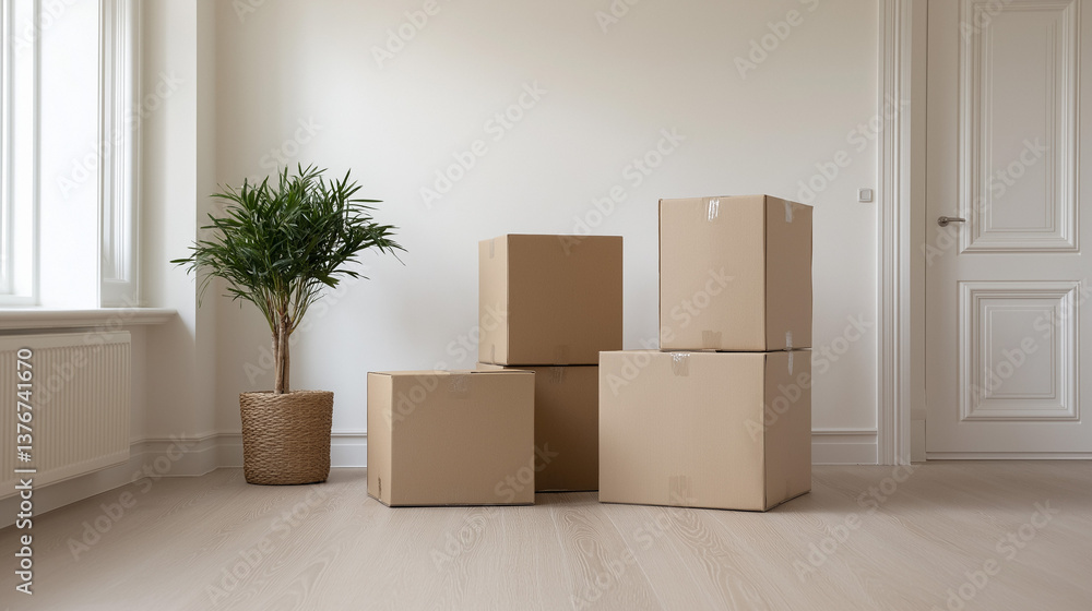 Boxes stacked in a bright room with a potted plant near the window creating a minimalistic atmosphere