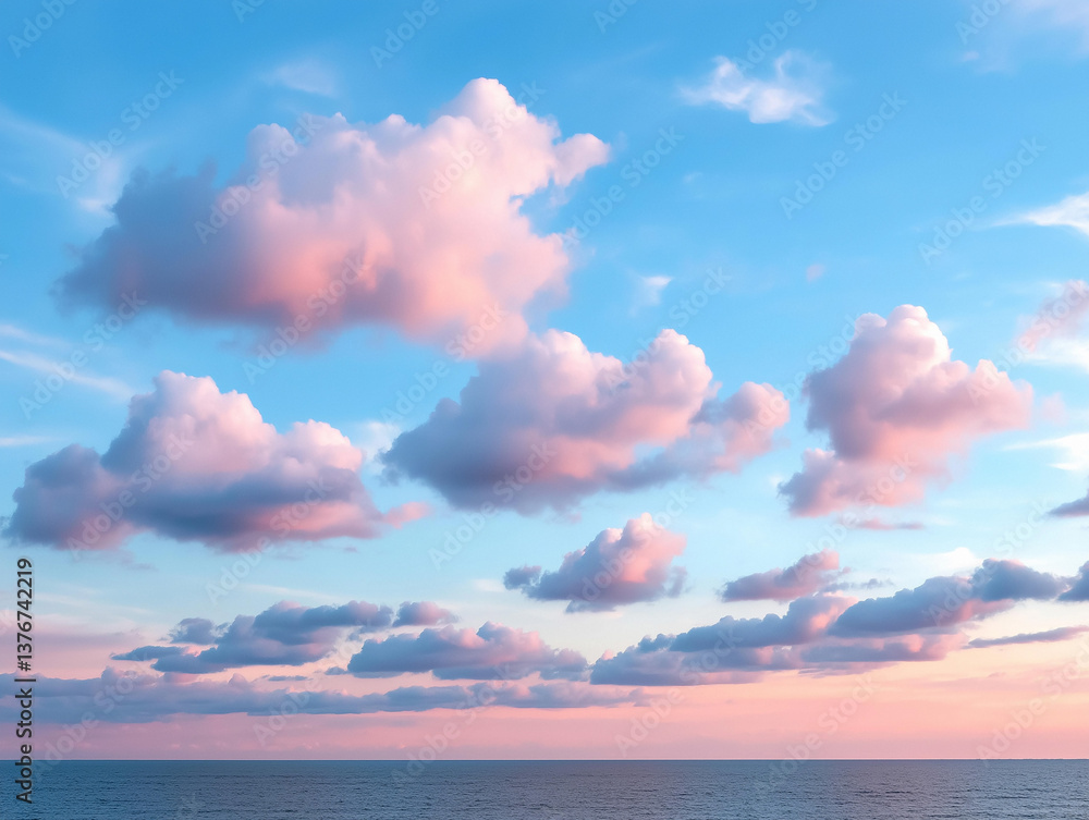 Obraz premium Colorful clouds reflect sunset hues over serene ocean waters in a tranquil coastal setting